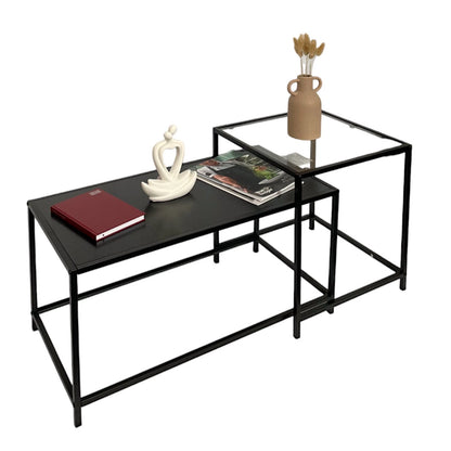 Set Of 2 Coffee Table Black Side Table with Clear Glass Top