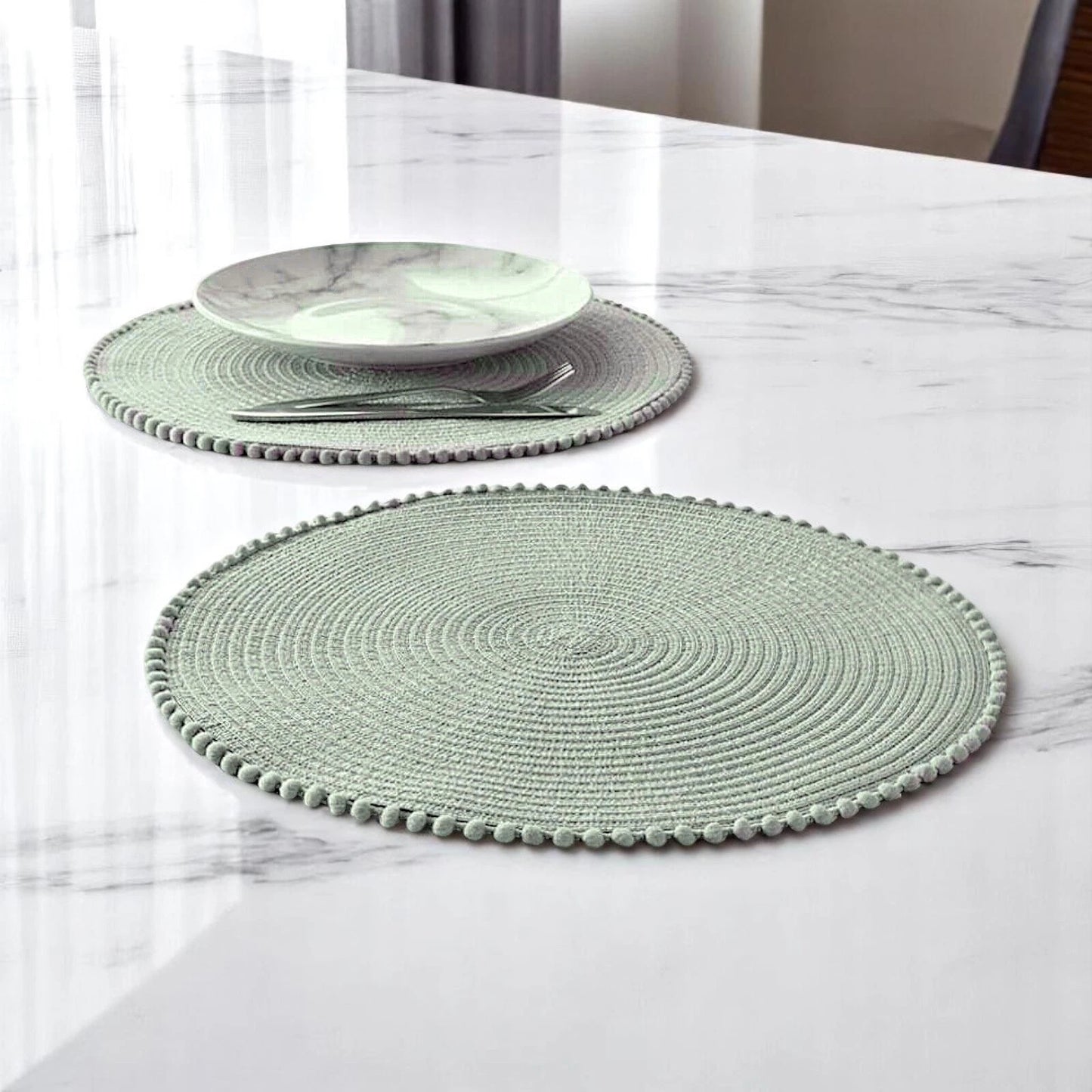 Green Round Pom Pom Placemats set of 4 Table Mats