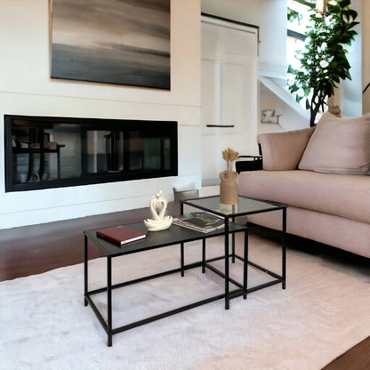 Set Of 2 Coffee Table Black Side Table with Clear Glass Top