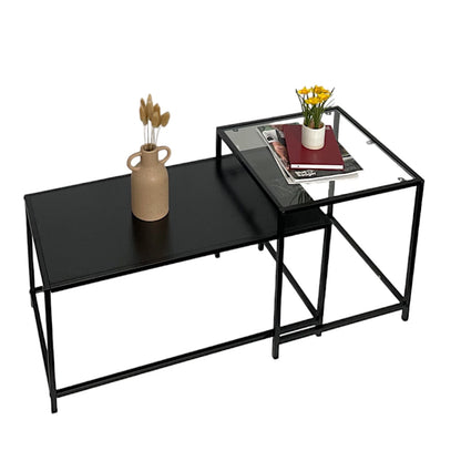 Set Of 2 Coffee Table Black Side Table with Clear Glass Top