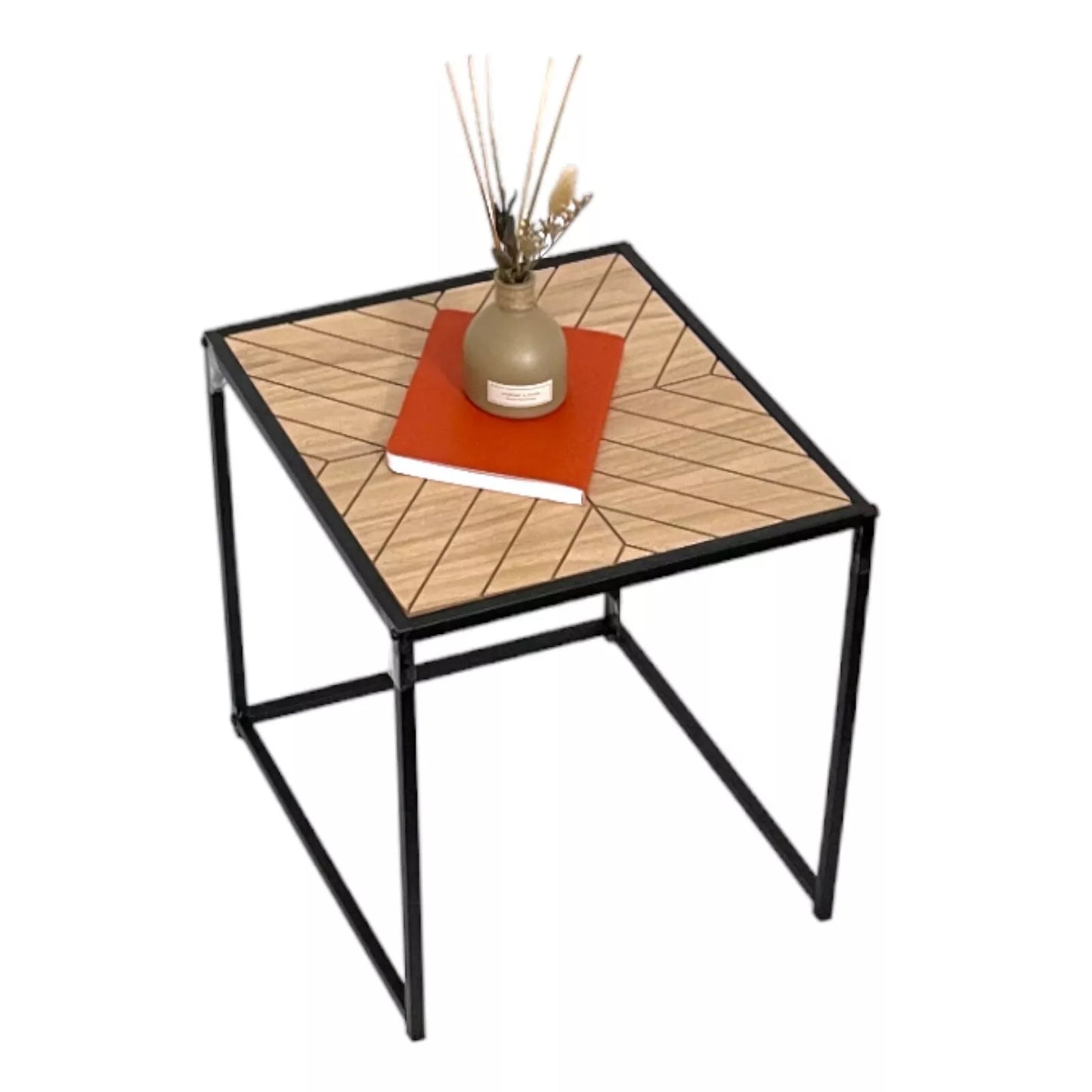 Side Table Wooden Top with Black Metal Legs
