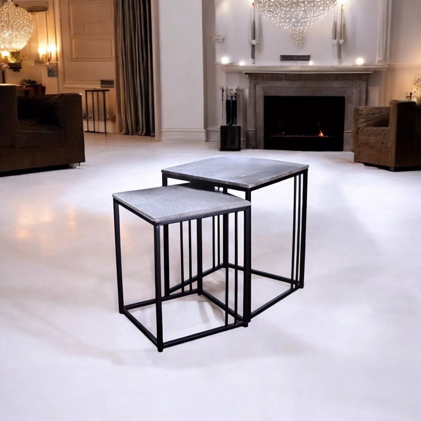 Set of 2 Grey Marble Effect Nesting Tables