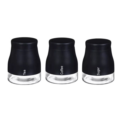 Set Of 3 Glass Tea Coffee Sugar Jars (Black)