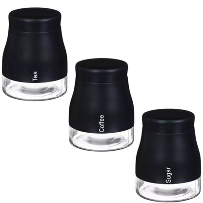 Set Of 3 Glass Tea Coffee Sugar Jars (Black)