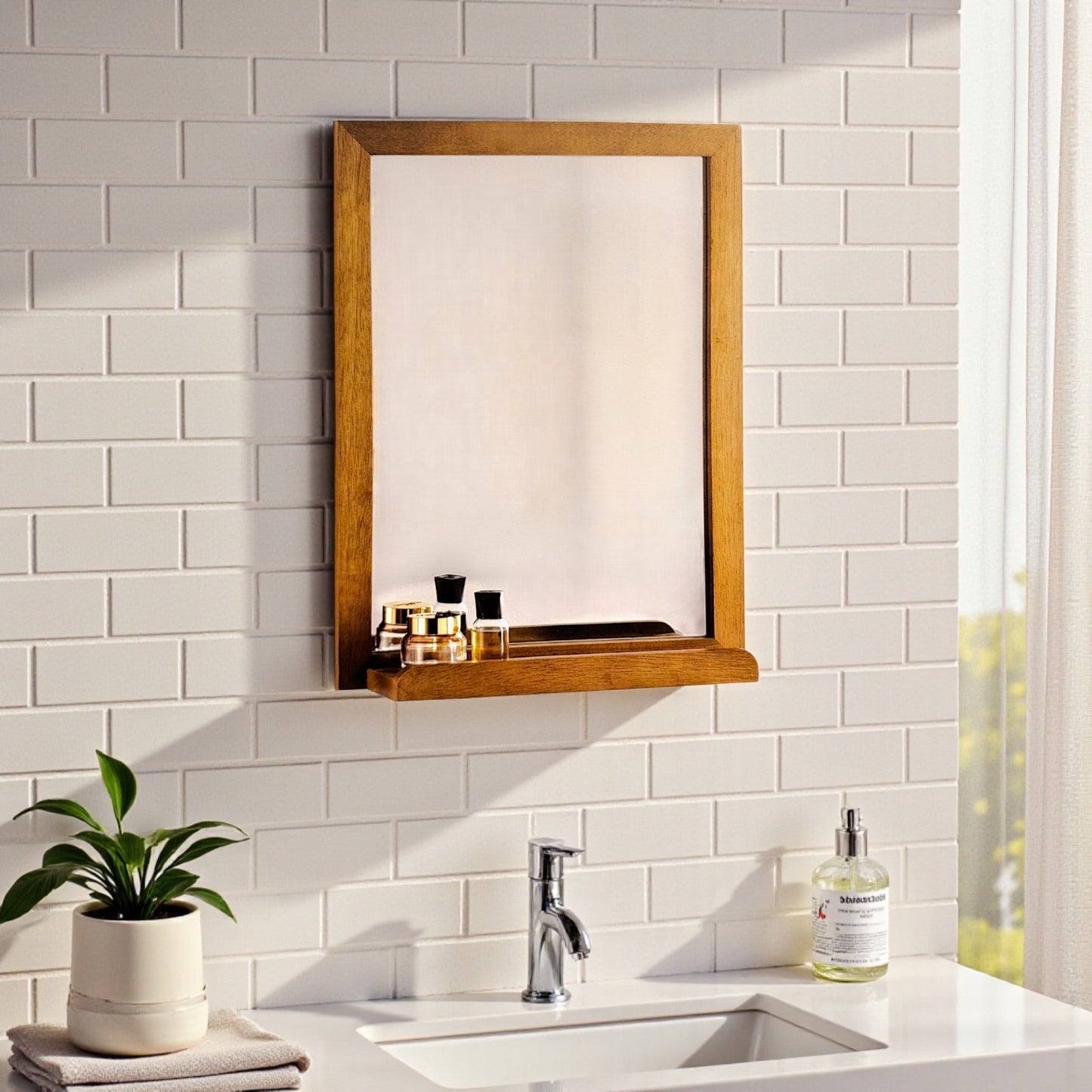 Wooden Bathroom Mirror with Shelf Wall Mounted Mirror