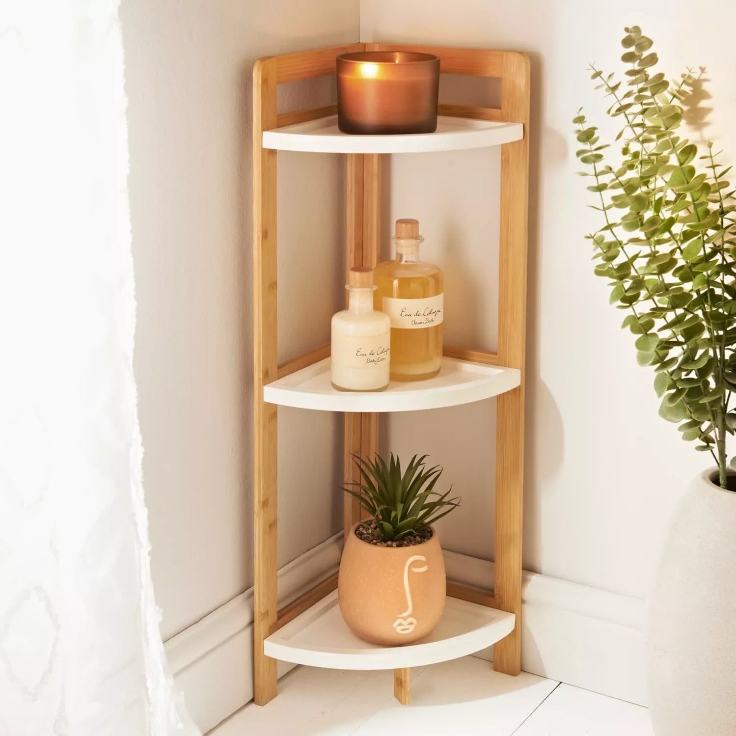 Bathroom Corner Shelf Bamboo &amp; White