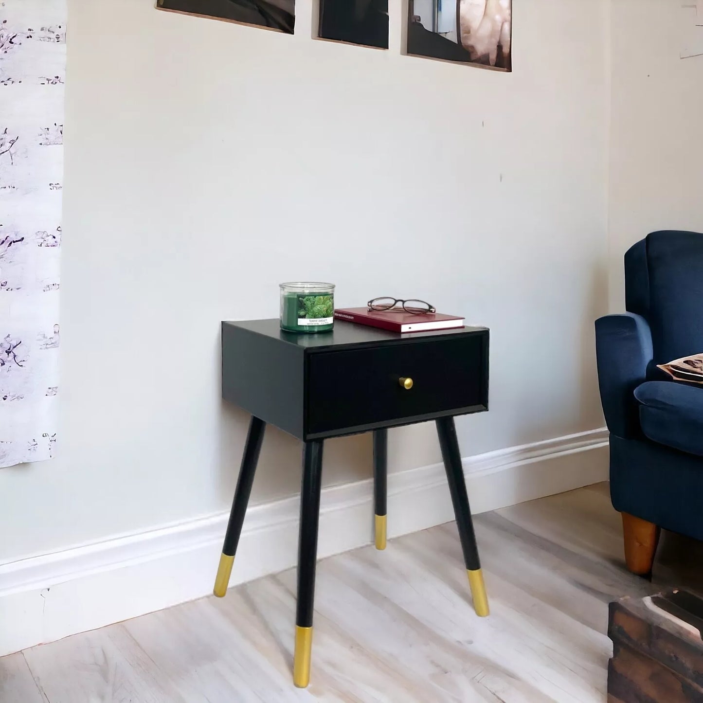 Side Table / Bedside Table Black & Gold Wooden