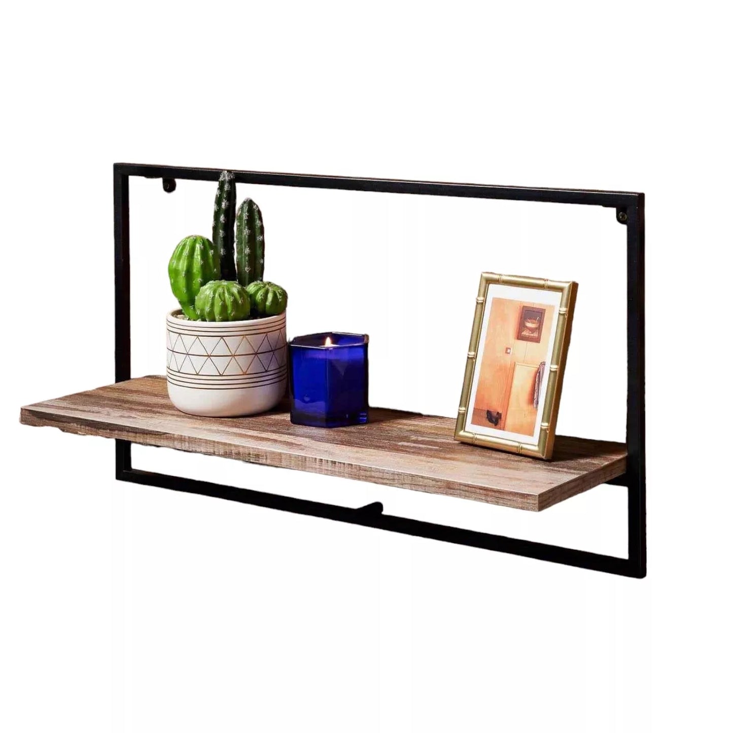 Wide Shelf Black Metal Frame With Wooden Shelf
