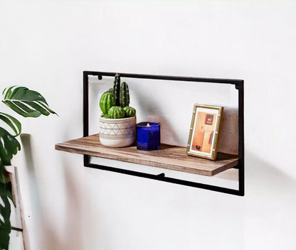Wide Shelf Black Metal Frame With Wooden Shelf